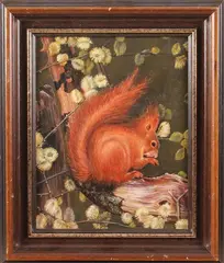 J. Haak, eekhoorn, J.Haak 1988 eekhoorn op stam, olieverf op linnen 24x30 Cond:G