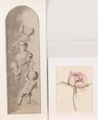 2 Aquarellen, 17e-18e eeuw, Twee leuke 18e eeuwse werken: 1x aquarel bloem 12x9cm. en 1x sepia met putti, gesigneerd (J