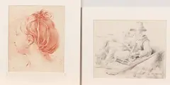 2 Tekeningen, 18e eeuw, Twee 18e eeuwse tekeningen op papier: 1x meisjesportret 14x11cm. en 1x herder met hond 12x14cm