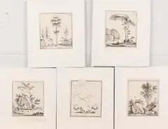5 Etsen, 17e-18e eeuw, Vijf etsen op papier 17e-18e eeuw, voorstellend diverse bomen tussen rotsblokken 10x9cm