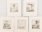 5 Etsen, 17e-18e eeuw, Vijf etsen op papier 17e-18e eeuw, voorstellend diverse bomen tussen rotsblokken 10x9cm
