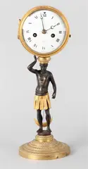 Zeldzame Empire Mooren pendule ca, negeroïde man, Brons gepatineerd figuur met vuurvergulde bronzen rok, wijzerplaat gesigneerd "Le Nephueus Par