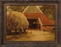 Frans Baayens, Los Huis, Frans Baayens ( 1896 - 1970 Enschede), olieverf op linnen, Twentse boerderij met kapschuur en hooiwagen 60x80cm