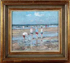 A.C. van Noort, klein, van Noort 20e eeuw, olieverf op paneel, strandgezicht Zandvoort met figuren 24x30cm
