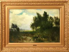 Johannes Weiland, eenden, Johannes Weiland (1856-1909) eenden in een sloot, olieverf op linnen 66x97cm.Cond:G