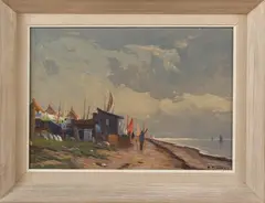 H. Björdorm, landschap, 1960 (Zweedse School), olieverf op linnen, strandgezicht 45x33cm