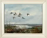 K. Meyer, eenden, 1950, olieverf op linnen, plasgezicht met eenden 50x40cm