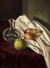 Atelier W. de Groot ca, karaf met fruit, 1930, olieverf op paneel, stilleven met waterkaraf, appel en uien 29,5x40cm