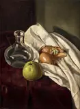Atelier W. de Groot ca, karaf met fruit, 1930, olieverf op paneel, stilleven met waterkaraf, appel en uien 29,5x40cm