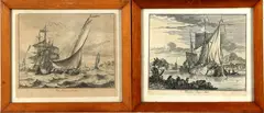2 Gravures, 18e eeuw, Twee 18e eeuwse scheepvaart gravures (ets op papier): 1x Limmer Boeyer en 1x Keulse Reyn Aak, 19,5x17cm