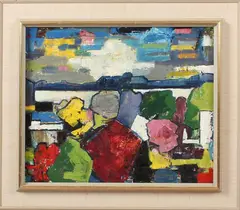 S. Fougner, abstract landschap, Faugner '68 (Zweedse School), olieverf op linnen, landschap met waterpartij 46x39cm