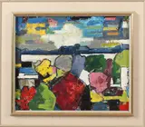 S. Fougner, abstract landschap, Faugner '68 (Zweedse School), olieverf op linnen, landschap met waterpartij 46x39cm