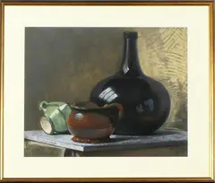 Pit van Loo, pastel, Pit van Loo (Winsum 1905 - Groningen), pastel op papier, middeleeuws stilleven 51x41cm