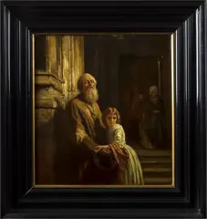 Onduidelijk gesigneerd, 19e eeuw, Onduidelijk gesigneerd 19e eeuw, olieverf op paneel, bedelen bij de keringang 46x50cm