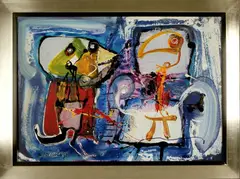 Jan te Wierik, blauw, Jan te Wierik 1995 (Hengelo 1954 - 2002), acryl op paneel, fantasiefiguren met blauwe achtergrond 100x70cm