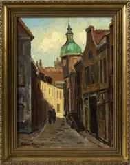 Antoon Snijders ca, straatje, 1930, olieverf op linnen, dorpsstraatje met figuur 30x40cm