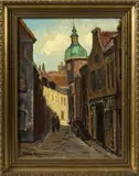 Antoon Snijders ca, straatje, 1930, olieverf op linnen, dorpsstraatje met figuur 30x40cm
