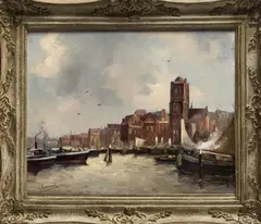havengezicht by Louise Hartman ca, 1940 (plakker), olieverf op linnen, Hollandse haven 40x50cm, sold Jan 2015