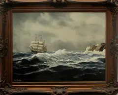 Johan Loots ca, boten, 1930, olieverf op linnen, driemaster op ruwe zee 60x80cm