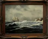 Johan Loots ca, boten, 1930, olieverf op linnen, driemaster op ruwe zee 60x80cm