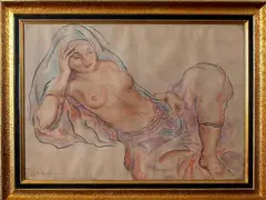 Russische pastel, naakte vrouw, Serebria Losta (Serebriakova) Marracech 1932, pastel op papier, halfnaakte liggende vrouw 50x70cm