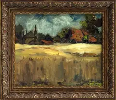Jelle Hoogstra, boerderij, Jelle Hoogstra ( 1929 - 2003), olieverf op linnen, landschap met boerderij 28x23cm