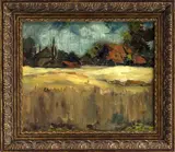 Jelle Hoogstra, boerderij, Jelle Hoogstra ( 1929 - 2003), olieverf op linnen, landschap met boerderij 28x23cm