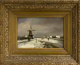 J.H. Brolsma, winterlandschap, 1910, olieverf op paneel, ijsgezicht met molen en figuren 18x27cm
