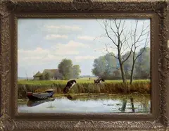M. Willemse, koeien, 1930, olieverf op linnen, Hollands landschap met koeien 50x70cm