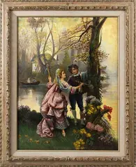 M. Hennawy, stel bij boom, 1880, olieverf op linnen, verliefd stel bij rivier (gerestaureerd) 60x80cm