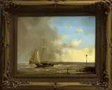 Hermanus Koekkoek, bomschuiten, Gesigneerd H.Koekkoek, olieverf op paneel, 20e eeuw, zeilboten op zee