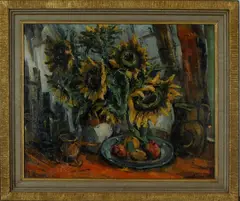 Russisch gesigneerd, stilleven, Tepacunof?), olieverf op linnen, stilleven met fruit, zonnebloem etc