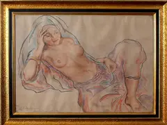 Russische pastel, naakte vrouw, Serebria Losta (Serebriakova) Marracech 1932, pastel op papier, halfnaakte liggende vrouw 50x70cm