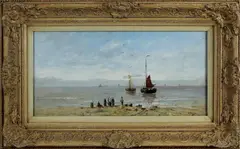 H. Balman, botters aan de kust, Hendirkus Balman, olieverf op paneel, bomschuiten en figuren op het strand 20x40cm