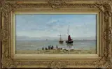 H. Balman, botters aan de kust, Hendirkus Balman, olieverf op paneel, bomschuiten en figuren op het strand 20x40cm