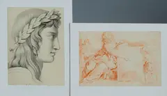 2 Tekeningen, 18e eeuw, Twee tekeningen op papier 18e eeuw: 1x damesportret met lauwerkrans en monogram L.V
