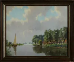 L. de Jong ca, landschap, 1930, olieverf op linnen, riviergezicht met boerderij en zeilboot 40x50cm