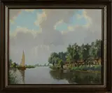 L. de Jong ca, landschap, 1930, olieverf op linnen, riviergezicht met boerderij en zeilboot 40x50cm