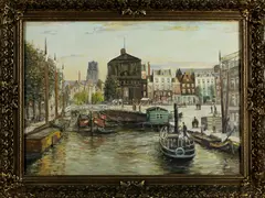 W. Paradis, Delftse poort, 1950), olieverf op linnen, Delftse poort met Laurenskerk 50x70cm
