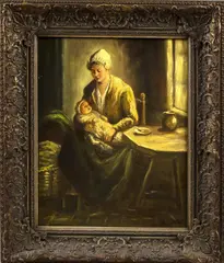 G.J. Slijthoff, moeder met kind, 1960, olieverf op linnen, boereninterieur met moeder en kind 40x50cm