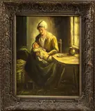 G.J. Slijthoff, moeder met kind, 1960, olieverf op linnen, boereninterieur met moeder en kind 40x50cm