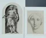2 Tekeningen, 17e-18e eeuw, Twee tekeningen op papier: 1x damesportret van mooie kwaliteit 23x16cm. en 1x Hermes met helm en hamer 30x20cm