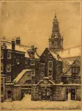 C. van Brandenburg, Zuiderkerk, Brandenburg (Wormerveer 1884 -1954 Amsterdam), ets op papier, Zuiderkerk met poortje in de winter 34x47cm
