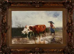 H. Schouten, koeien-hoedster, Henry Schouten, olieverf op linnen, koeien met boerin in de regen 60x40cm