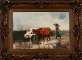 H. Schouten, koeien-hoedster, Henry Schouten, olieverf op linnen, koeien met boerin in de regen 60x40cm