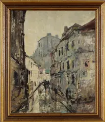 J. Arsenius, straat, 1950, olieverf op paneel, stadsgezicht met figuren 50x60cm