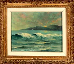 Fr. Dolhen, zeegezicht, 1930, olieverf op paneel, kust met branding 24x30cm