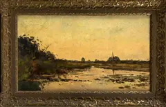 Piet de Regt, rivierlandschap, Pieter de Regt (Rotterdam 1853 - 1928 Rijswijk), olieverf op paneel, polderlandschap met kerk 52x31cm