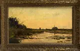 Piet de Regt, rivierlandschap, Pieter de Regt (Rotterdam 1853 - 1928 Rijswijk), olieverf op paneel, polderlandschap met kerk 52x31cm