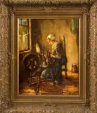 A. v. Gilst, interieur, Arnout van Gilst ( Den Haag 1898 - ), olieverf op linnen, boerenvrouw aan het spinnen 40x50cm